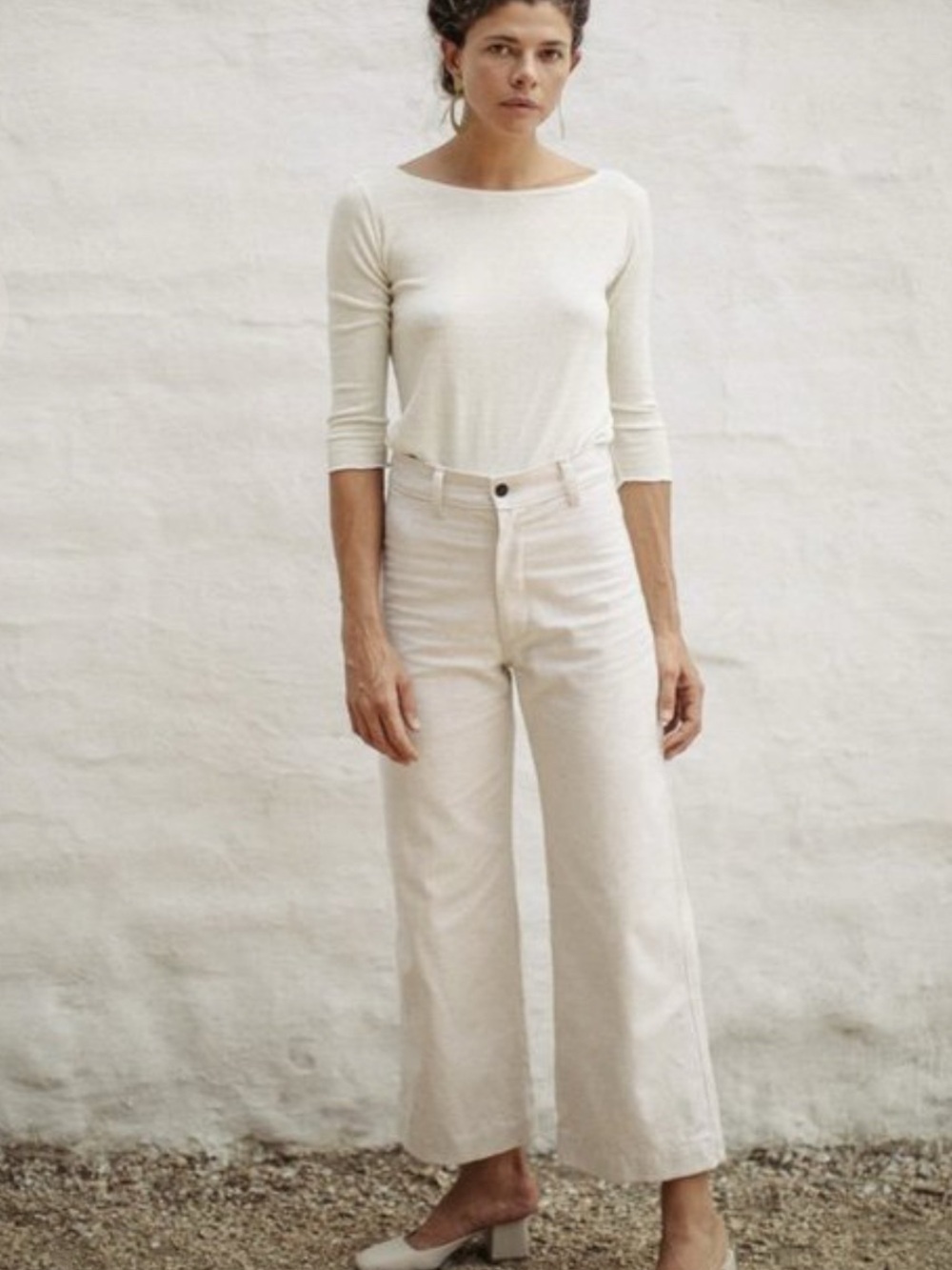OZMA Wide Leg Cropped Jeans Natural Cream Cotton Linen Denim Size 28